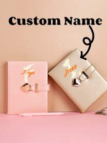 1pc Personalized Creative Customizable Name Or Initial Letter Lock & Key Girls Diary Notebook Gift, New Lovely Heart Keychain Notepad, Simple Classy Gold Foil Business Planner Memo Pad, Cute Leather Journal For Work,School Supplies,Back To School