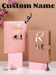 1pc Personalized Creative Customizable Name Or Initial Letter Lock & Key Girls Diary Notebook Gift, New Lovely Heart Keychain Notepad, Simple Classy Gold Foil Business Planner Memo Pad, Cute Leather Journal For Work,School Supplies,Back To School