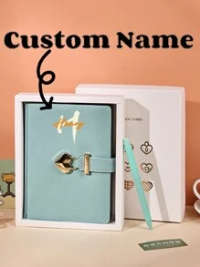 1pc Personalized Creative Customizable Name Or Initial Letter Lock & Key Girls Diary Notebook Gift, New Lovely Heart Keychain Notepad, Simple Classy Gold Foil Business Planner Memo Pad, Cute Leather Journal For Work,School Supplies,Back To School