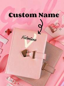1pc Personalized Creative Customizable Name Or Initial Letter Lock & Key Girls Diary Notebook Gift, New Lovely Heart Keychain Notepad, Simple Classy Gold Foil Business Planner Memo Pad, Cute Leather Journal For Work,School Supplies,Back To School