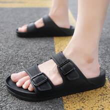 男士休闲拖鞋，时尚炫酷双扣轻便防滑沙滩凉鞋 - 黑色 - 查看 6