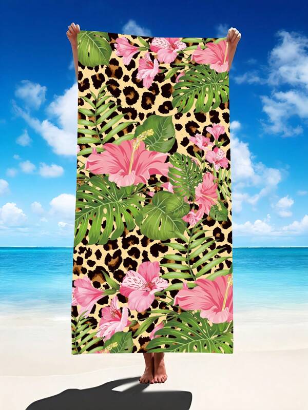 1pc Floral Greenery Leopard Print Beach Towel, Super Soft Microfiber Extra Large Beach Blanket,Highly Absorbent Bath Towel,Suitable For Travel,Swimming Pool,Diving,Surfing,Yoga,Camping,Available In Adult And Ren Sizes, Beach Accessories Summer Travel, Vacation Holiday Bathroom Decor Beach Essentials