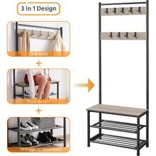 Coat Rack, Hall Tree With Shoe Bench, Entryway Shoe Storage With Coat Rack Stand, 9 Movable Hooks, Industrial Entryway Furniture, Gray - Grey - View 5