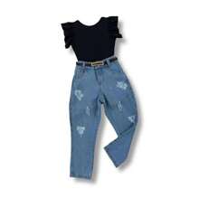 Fashionable Kids Set Bodysuit Jeans Pants Blogger Outfit Girls - Black - View 4