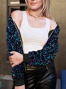 Women's Sparkly Sequin Jacket Glitter Long Sleeves Front Zip Up Bomber Jacket With Ribbed Cuffs - Neon - View 3