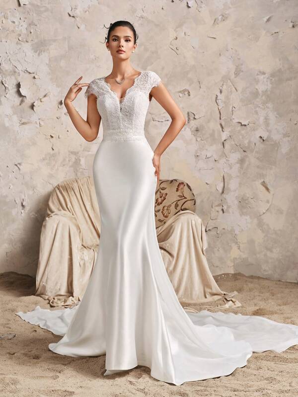 Vestido de noiva elegante estilo sereia, branco, com decote em V, manga curta, renda, cetim, comprimento até o chão