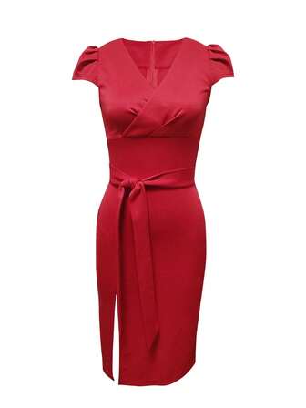 女士纯色 V 领扭腰裹身连衣裙，适合春季、夏季和秋季