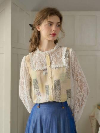 Simple Retro Women's Spring And Summer Casual Small Standing Collar Lace Splicing Printing Elegant Retro Elegant Valentine's Day Long Sleeve Shirt