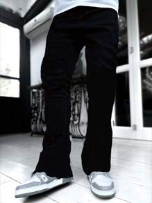 High-End Men's Black Simple Casual Jeans, Versatile Button & Zipper Closure, All Season, Emo Style - Black - View 2