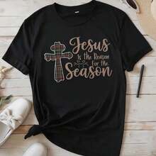 Women's Casual Cotton T-Shirt With Christmas Cross Print - Crew Neck, Short Sleeve, Machine Washable - Black - View 1
