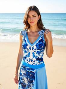 Swim Oasis 1pc Women's Floral Jacquard Valentine's Day One-Piece Swimsuit & Mermaid Skirt, For Summer Beach Vacation