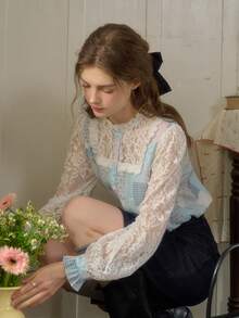 Simple Retro Áo sơ mi dài tay ngày lễ tình nhân cổ đứng nhỏ giản dị mùa xuân và mùa hè cho nữ, in họa tiết ren thanh lịch cổ điển sang trọng - Màu xanh lam - Xem 6