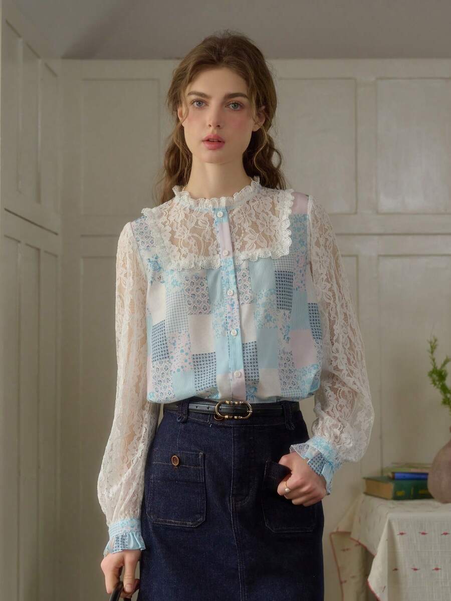 Simple Retro Áo sơ mi dài tay ngày lễ tình nhân cổ đứng nhỏ giản dị mùa xuân và mùa hè cho nữ, in họa tiết ren thanh lịch cổ điển sang trọng - Màu xanh lam - Xem 1