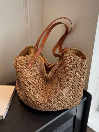 Lekka, swobodna, duża pojemność, przenośna minimalistyczna torba słomkowa z podwójnym uchwytem, średnia na wakacje dla nastolatek, kobiet, studentek, idealna na studia, do szkoły, na zewnątrz, w podróż, na wycieczki, na wakacje