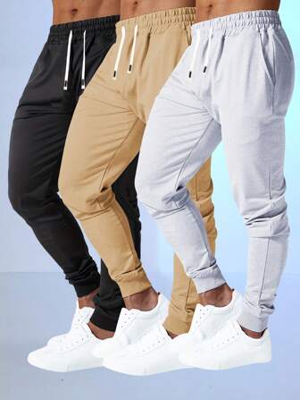 3 Packs Men's Pants - Basic Drawstring Waist & Cuffed Casual Sweatpants For Running, All Seasons, Black + Light Gray + Khaki
