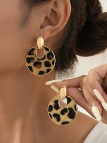 1 pièce paire de boucles d'oreilles rondes en métal imprimé léopard et 1 pièce collier assorti, style européen et américain vintage à la mode, convient pour les boîtes de nuit et les soirées