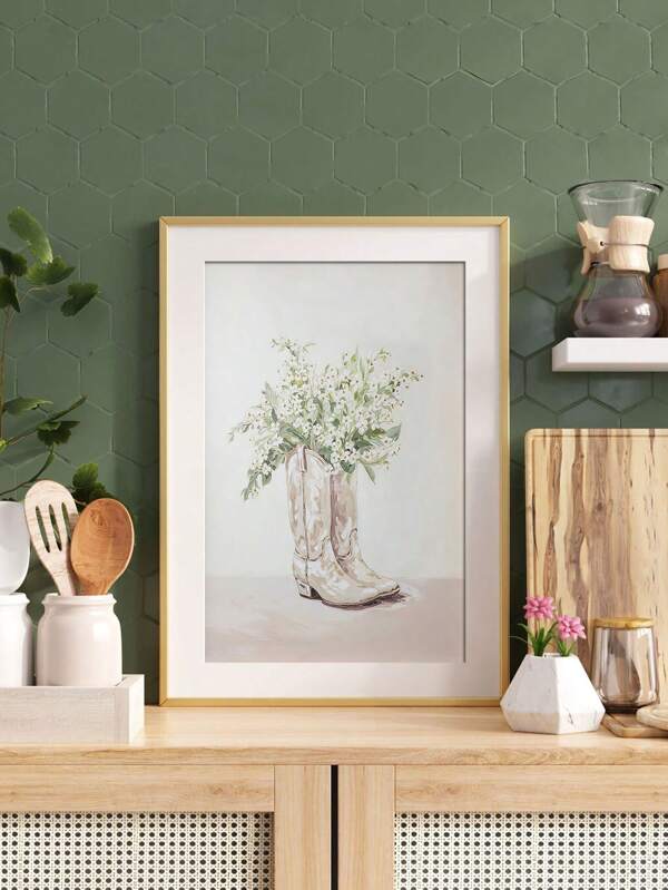 1pc Rustic Cowboy Boots With Flowers, Unframed Canvas Wall Art Print, Neutral Floral Western Nursery Decor, Coastal Cowgirl Aesthetic Poster, Bohemian Dorm Room, Funny & Whimsical Creative Canvas Wall Decor For Home Bedroom Kitchen Living Room Bathroom, Cafe Office Restroom Room