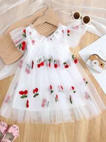 1 pieza Vestido de tutú elegante y dulce con mangas de mariposa bordadas para niña, vestido de fiesta formal para cumpleaños, vacaciones, celebraciones, todo el año - Blanco - Ver 4