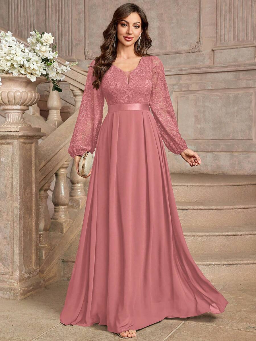 MIUSOL 优雅花卉蕾丝深V领灯笼袖荷叶边下摆晚礼服