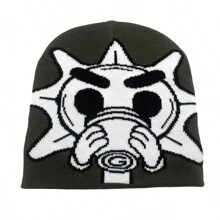 1 pieza Gorro de punto de jacquard de hilo bicolor con estilo callejero y de dibujos animados, atuendo cálido y de moda para otoño