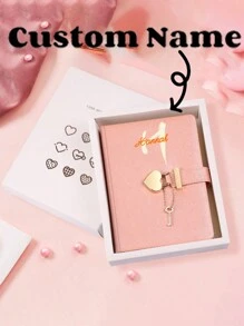 1pc Personalized Creative Customizable Name Or Initial Letter Lock & Key Girls Diary Notebook Gift, New Lovely Heart Keychain Notepad, Simple Classy Gold Foil Business Planner Memo Pad, Cute Leather Journal For Work,School Supplies,Back To School