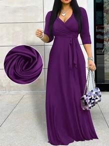 Women's V-Neck Cinched Waist Extra Long Sleeve Dress, Spring/Summer - Purple - View 3