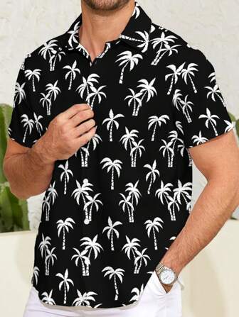 男士夏威夷风格衬衫，热带图案印花男士短袖衬衫