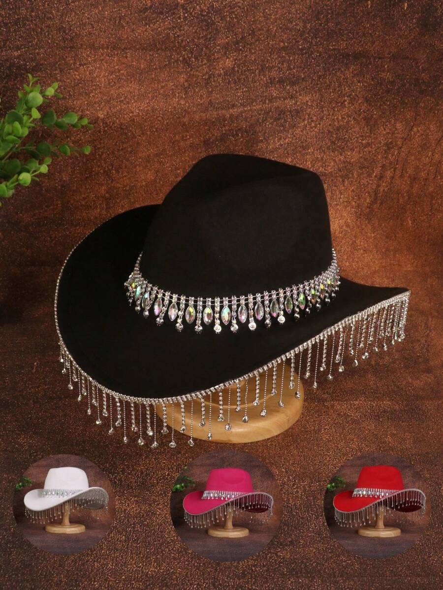 1 szt. Czapka z frędzlami z kryształkami, modna czapka typu fedora w jednolitym kolorze, filcowy kapelusz kowbojski na imprezę