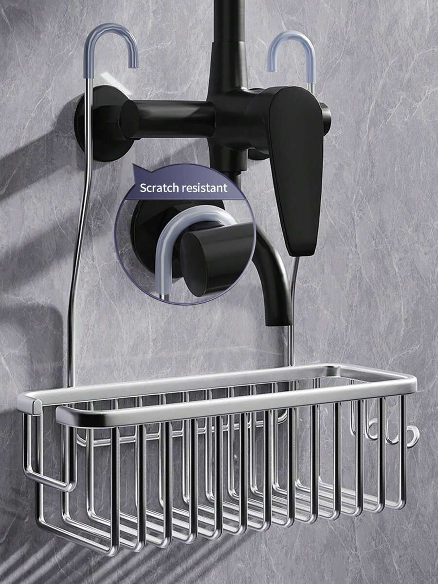 可调节铝制浴室置物架，金属浴室收纳架，淋浴置物架，防锈金属淋浴架，壁挂式收纳架 - 免钻孔浴室收纳架带挂钩，节省空间的铝制置物架，黑/银色，浴室梳妆台收纳架，豪华铝制浴室装饰，淋浴架，生日装饰，新年礼物，情人节礼物 - 銀色 - 查看 1