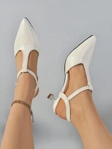 أحذية كعب عالي بيضاء عتيقة جديدة، صندل ذو كعب رفيع وفتحة في الكعب، أحذية نسائية رسمية ذات أصبع قدم مربع بسيطة وعملية - بيج - مشاهدة 1