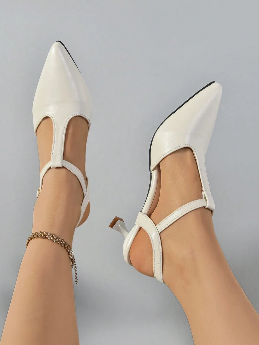 أحذية كعب عالي بيضاء عتيقة جديدة، صندل ذو كعب رفيع وفتحة في الكعب، أحذية نسائية رسمية ذات أصبع قدم مربع بسيطة وعملية - بيج - مشاهدة 1