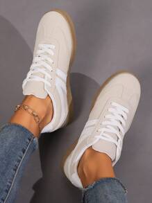 New Women Low-Top Lace-Up Flat Comfortable Minimalist Versatile Casual Outdoor White Sneakers - Beige - View 2