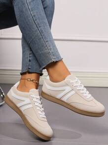 New Women Low-Top Lace-Up Flat Comfortable Minimalist Versatile Casual Outdoor White Sneakers - Beige - View 6