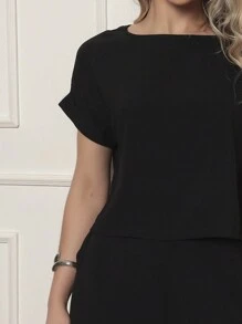 Women's Tailored Set Blouse And Wide Leg Wide Leg Pants Casual Plain Elegant Summer - 黑色 - 查看 5