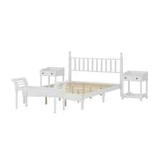 Juego de dormitorio de 4 piezas estilo retro, cama tamaño queen con plataforma y cabecero en forma de calabaza, mesita de noche con espacio de almacenamiento y banco con patas torneadas, color blanco