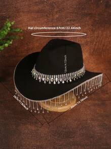 1 szt. Czapka z frędzlami z kryształkami, modna czapka typu fedora w jednolitym kolorze, filcowy kapelusz kowbojski na imprezę