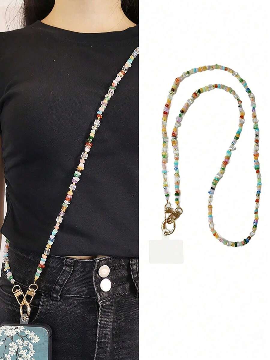 1PC Stylish Cute Bowknot Flower Floral Mobile Phone Crossbody Straps Lanyard Beads Chain Compatible With IPhone 15 14 13 12 11 Pro Max Phone Accessories Gifts For Mother, Family, Friends, Birthday, Holiday Phone Charm, Phone Chain - Colored Stones - View 1