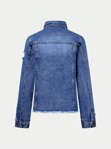 Women's Denim Jacket With Long Sleeves And Buttoned Distressed Denim Jacket - 深色水洗藍 - 查看 4