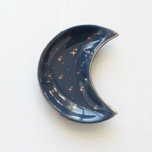 1 pièce/Nouvelle Arrivée Plateau de Rangement de Bijoux en Céramique en Forme de Lune, Plateau Doré avec Porte-Bagues Lettres pour Salle de Bain, Plateau Décoratif de Bijoux