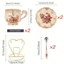 2set/6set Tea Cup And Saucer Set, 8 Oz Tea Cup Set, Teacup, Ceramic Tea Cup With Suacer Spoon, Ivory Vintage Rose Floral With Gold Leaves Trim, Gifts For Women Back To School