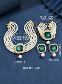 4pcs Set Luxury Exaggerated Pearl, Rhinestone, Crystal Necklace, Earrings, Bracelet Jewelry Set, Suitable For Women Wedding, Party, Holiday Gift