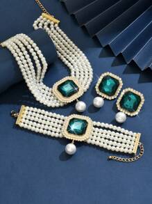 4pcs Set Luxury Exaggerated Pearl, Rhinestone, Crystal Necklace, Earrings, Bracelet Jewelry Set, Suitable For Women Wedding, Party, Holiday Gift