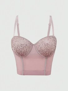 Women's Pink Sequins Mesh Lingerie Bralette, Suitable For Outerwear - Pink - View 1