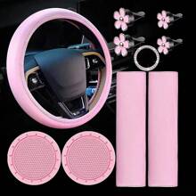 Leather Steering Wheel Cover Set, 10 Pcs Universal Leather Steering Wheel Wrap Cute Women Car Accessories Set With Seat Belt Shoulder Pad Cup Holder Fits Most Cars, Pink - Pink - View 2