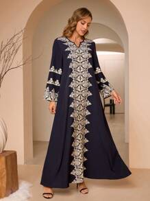 Women's Orientation Printed Robe Long Sleeve Loose Dress - Navy Blue - View 3