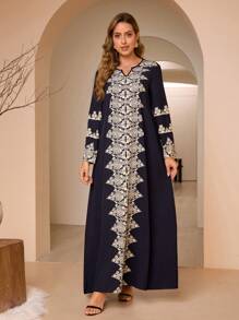 Women's Orientation Printed Robe Long Sleeve Loose Dress - Navy Blue - View 6