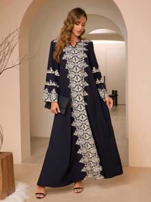 Women's Orientation Printed Robe Long Sleeve Loose Dress - Navy Blue - View 4