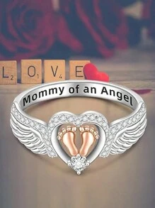 925 Sterling Silver Promise Ring, Angel Wing Design With Heart & Footprint Decor, Fashionable Jewelry For Women, Versatile Accessory, Exquisite Gift For Mom On Birthday, Anniversary, - Silver - View 7