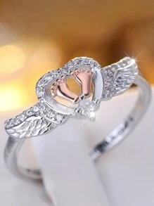 925 Sterling Silver Promise Ring, Angel Wing Design With Heart & Footprint Decor, Fashionable Jewelry For Women, Versatile Accessory, Exquisite Gift For Mom On Birthday, Anniversary, - Silver - View 5