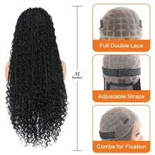 32英寸全双层蕾丝前方形无结盒式辫假发，波西米亚风卷发尾，黑色盒式辫假发，带婴儿发，适合美国女性，合成蕾丝前额辫子假发，圣诞节日常、新年、狂欢节、音乐节等场合佩戴。 - 黑色 - 查看 8